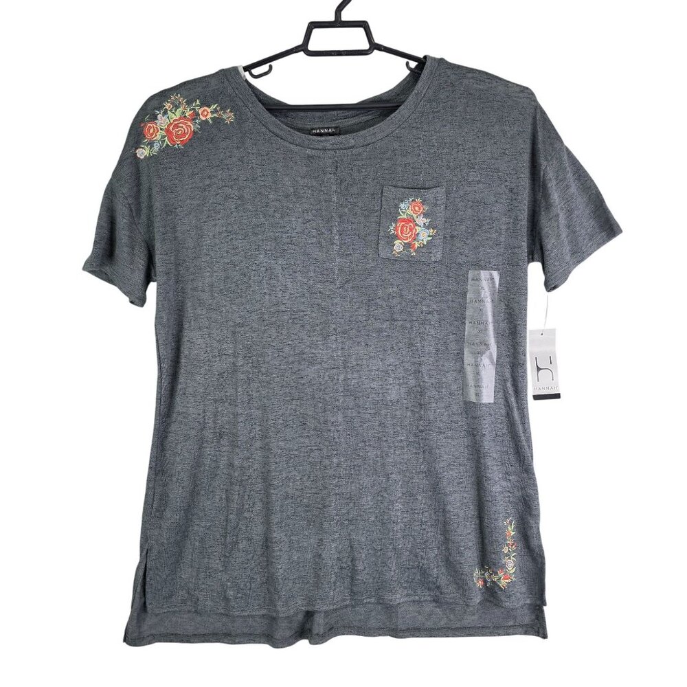 Womens Gray Hannah Floral Embroidered Blouse Top Crew Neck Short Sleeve Size XL
